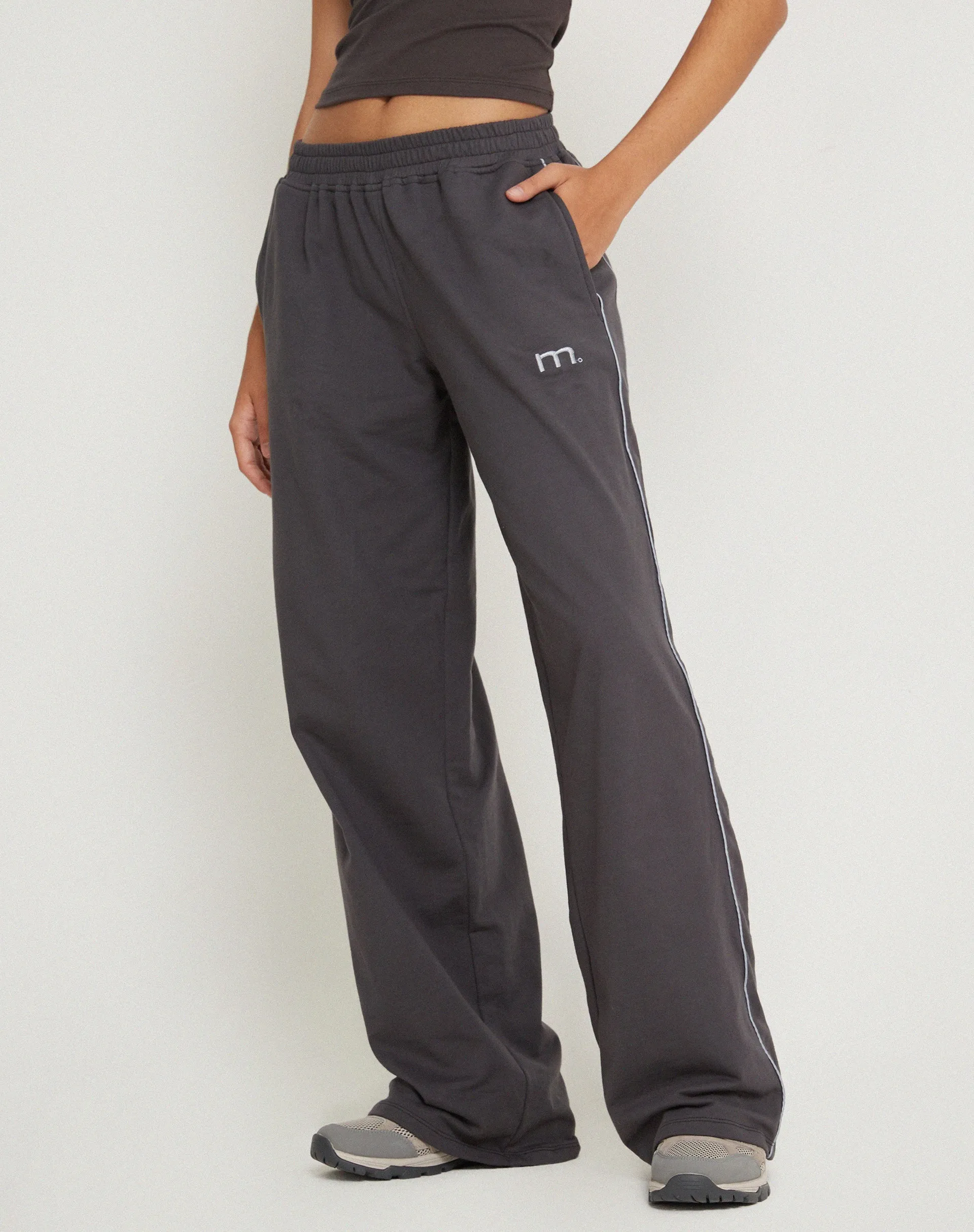Benton Wide Leg Jogger in Black with Dark Grey Piping and 'M' Embroidery