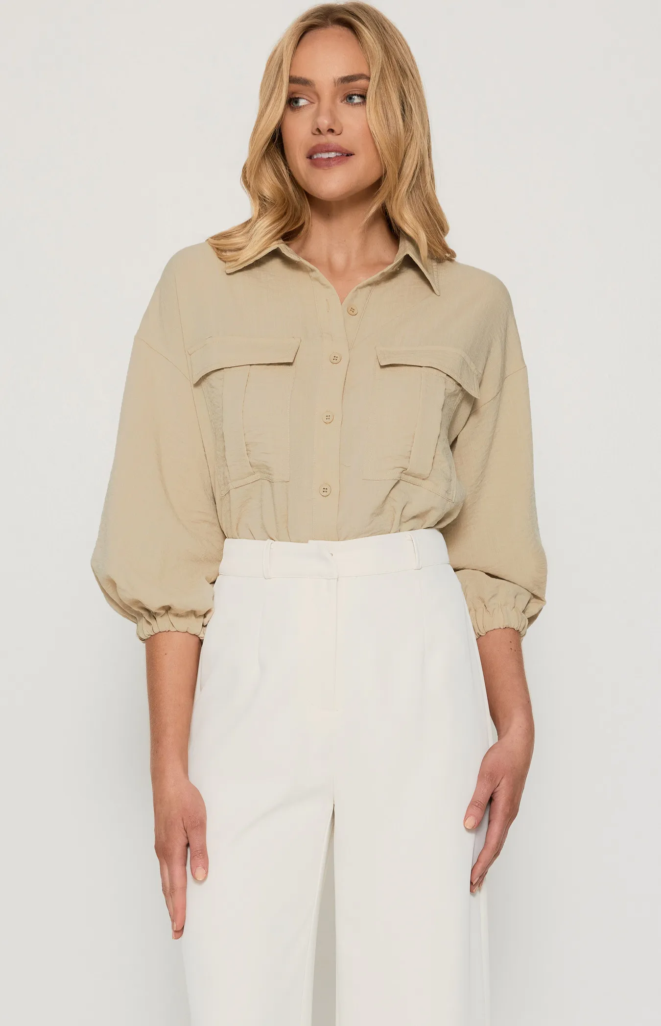 Front Pocket Detail 3/4 Sleeve Shirt (WTO481B)