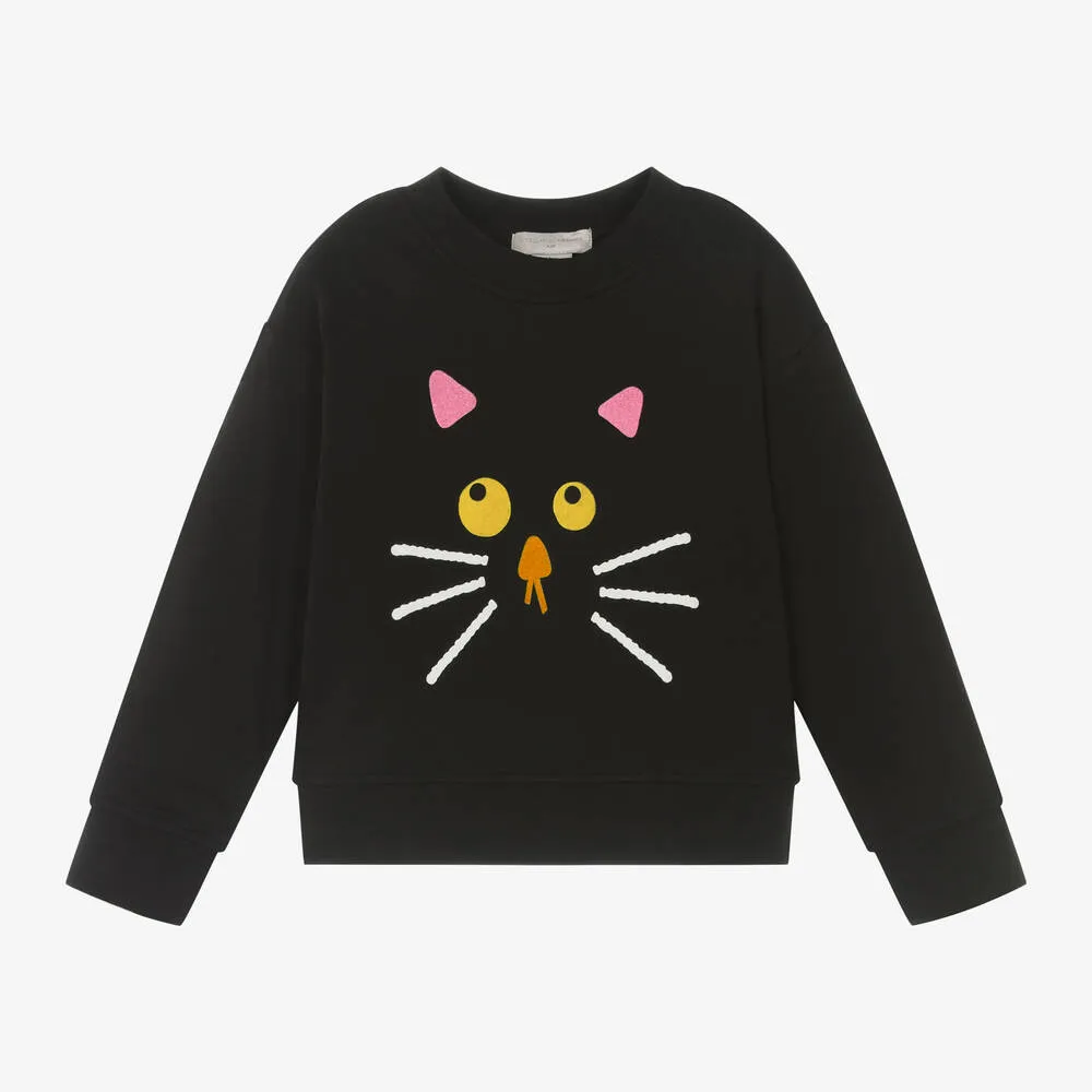 Girls Black Cotton Cat Sweatshirt