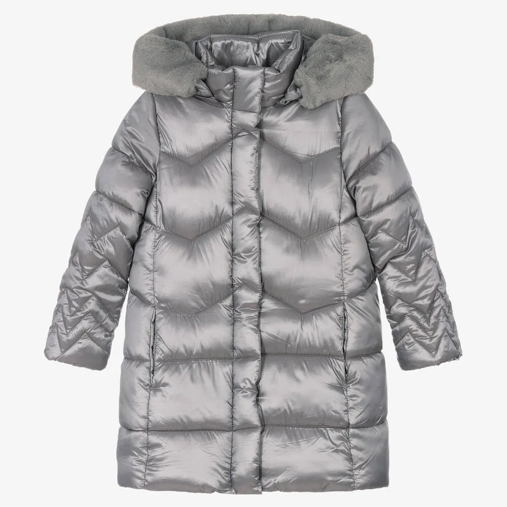 Girls Grey Long Puffer Coat