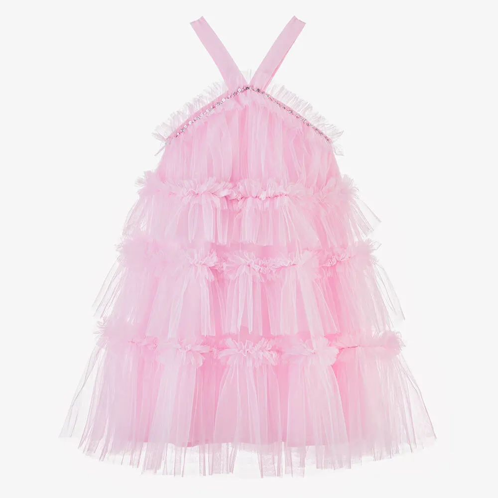 Girls Pink Tiered Ruffle Tulle Dress