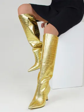 Gold Stone Pattern Knee High Boots Metallic Pointed Toe High Heel Boots