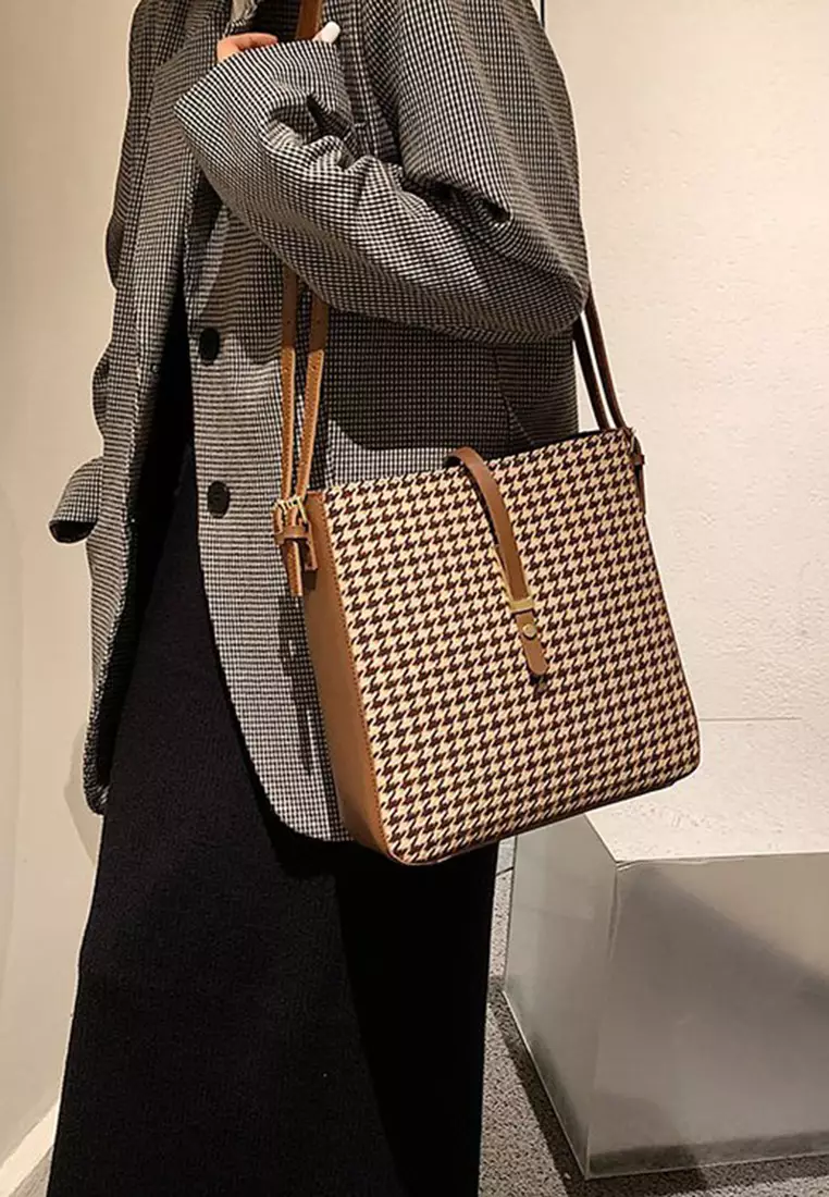 Lara Women's Houndstooth Leather Zipper Square Shoulder Bag - Brown