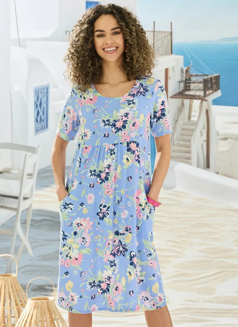 Linen Blend Floral Print Dress