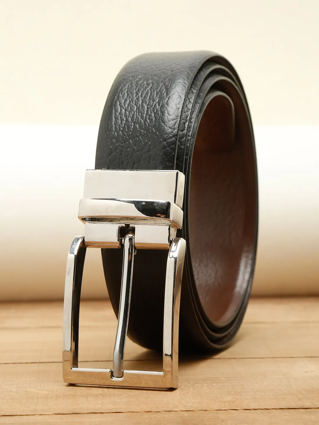 Men Black Textured Genuine Leather Reversible Belt
