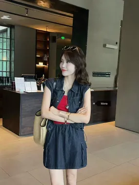 MONA dark denim work shirt skirt suit women's 2024 summer new casual two-piece set 6607