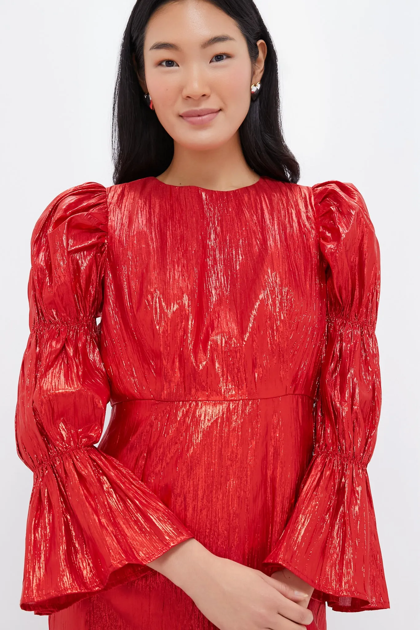 Red Metallic Plisse Puff Sleeve Darcy Midi Dress