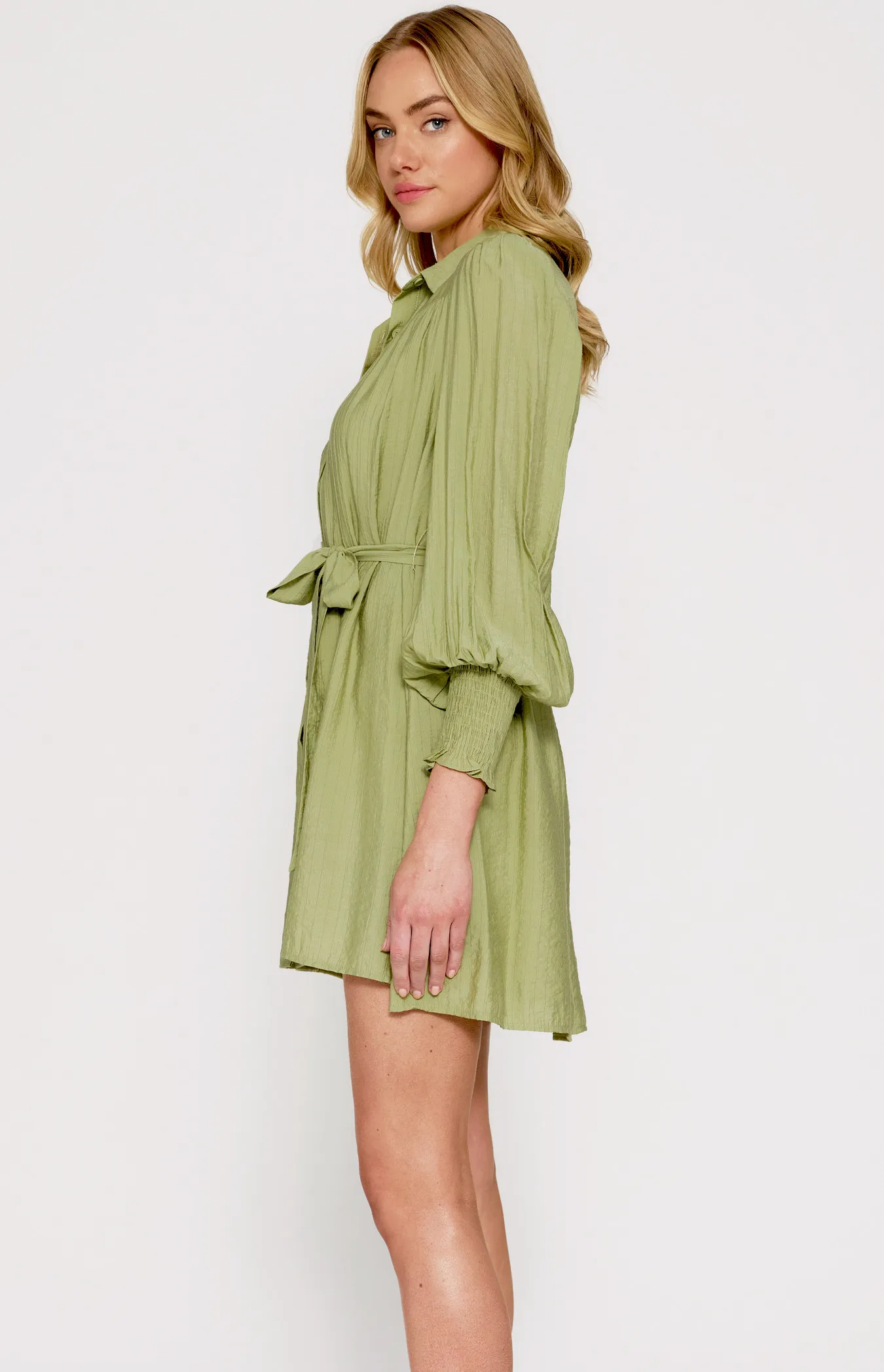 Textured Shirt Dress with Shirred Cuff Details (WDR572B)
