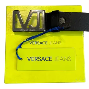 VERSACE JEANS VJ GUN METAL LOGO LEATHER BELT - BLACK