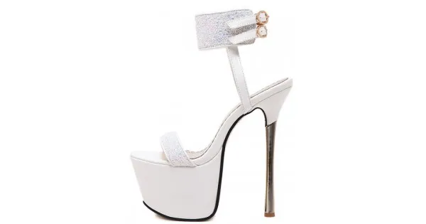White Glitter Ankle Straps Bridal Platforms Gold Stiletto High Heels Sandals Shoes