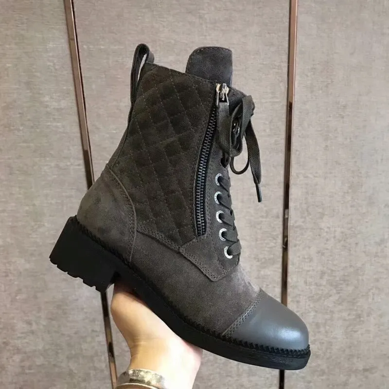 Women's Genuine Leather Lace-up Round Toe Square Heels Ankle Boots