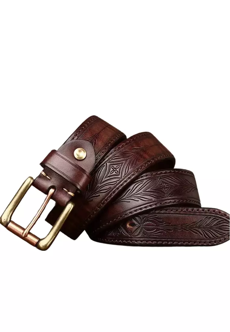 XAFITI Embossed leather belt with copper buckle available on both sides